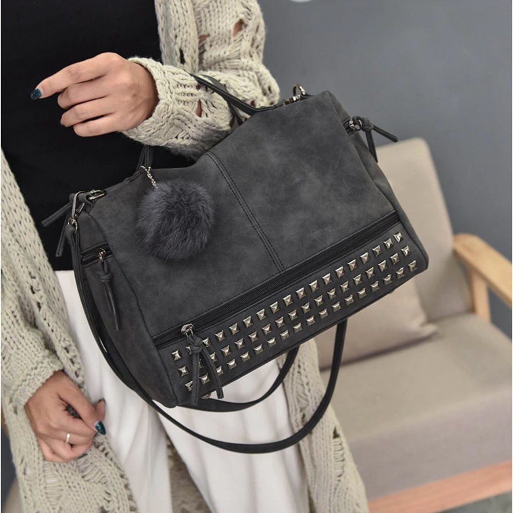 Black Studded‎ Pom Faux Suede Leather Crossbody Satchel Shoulder Bag Purse